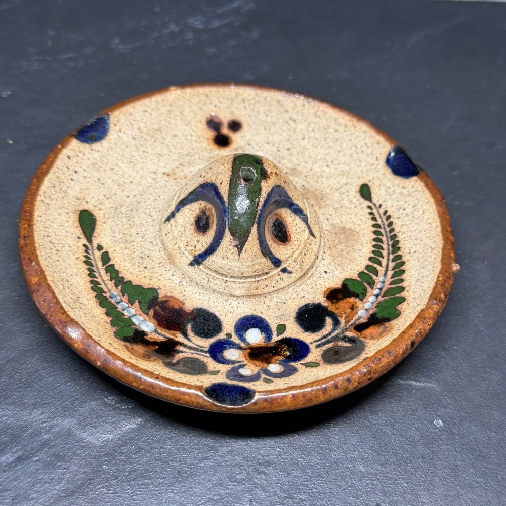Mexican Tonala Pottery Sombrero Incense Burner Hand Painted Folk Art 5 inch